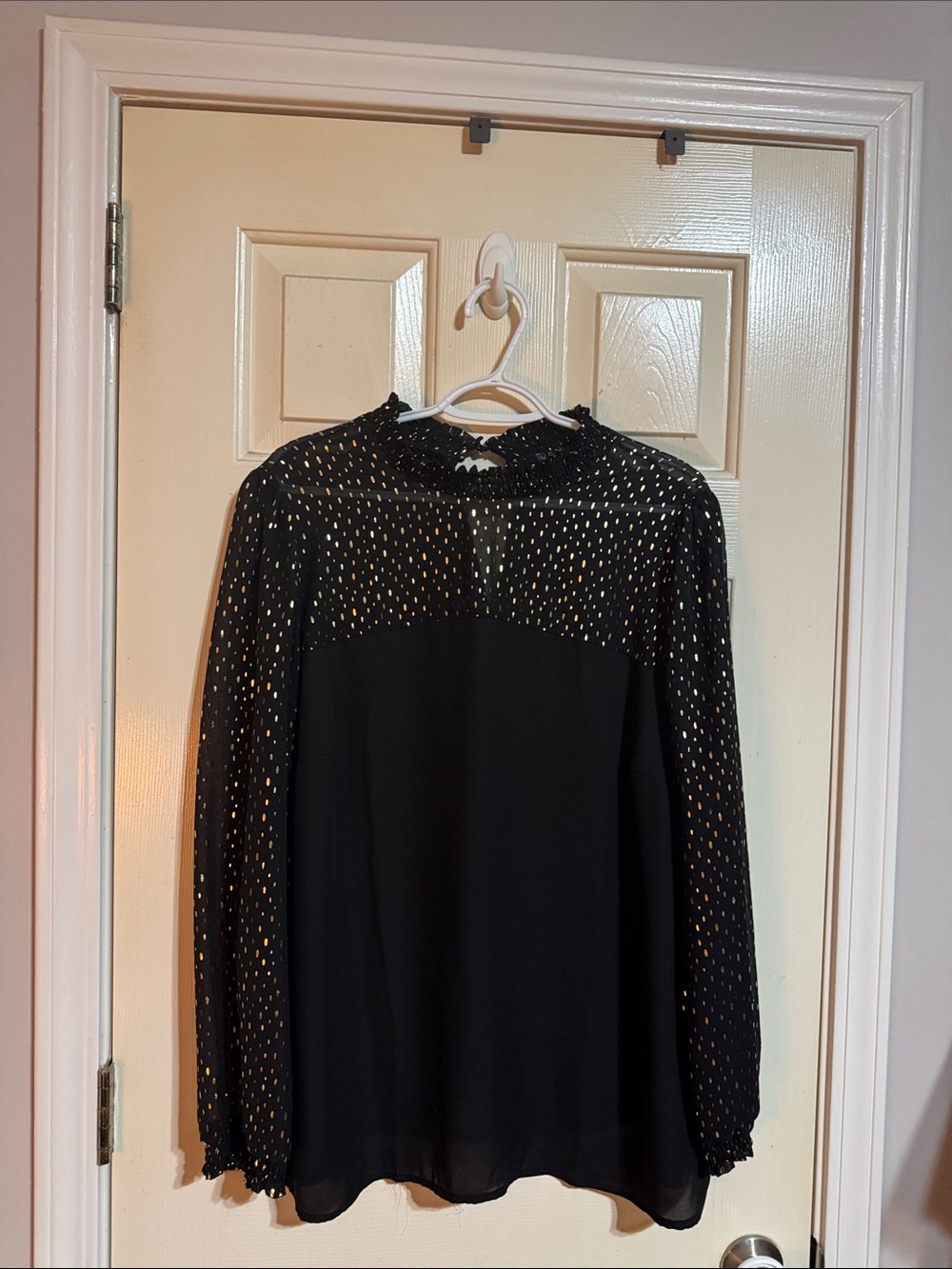 VENUS Black Long Sleeve Sheer Yoke Blouse with Metallic Dots
